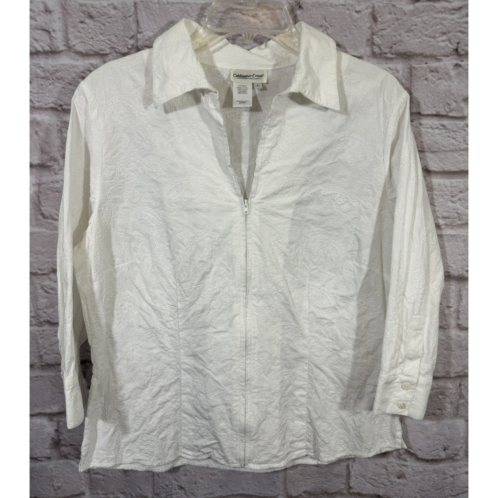 Coldwater Creek Top L White 100% Cotton Allover Floral Embroidered Zip‎ Front
